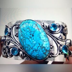Turquoise Blue Topaz Stamped 925 Sterling Silver Cuff Bracelet